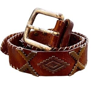 Vintage Brown Leather Southwestern Aztec Boho Belt W/Distressed Silver Hardware
